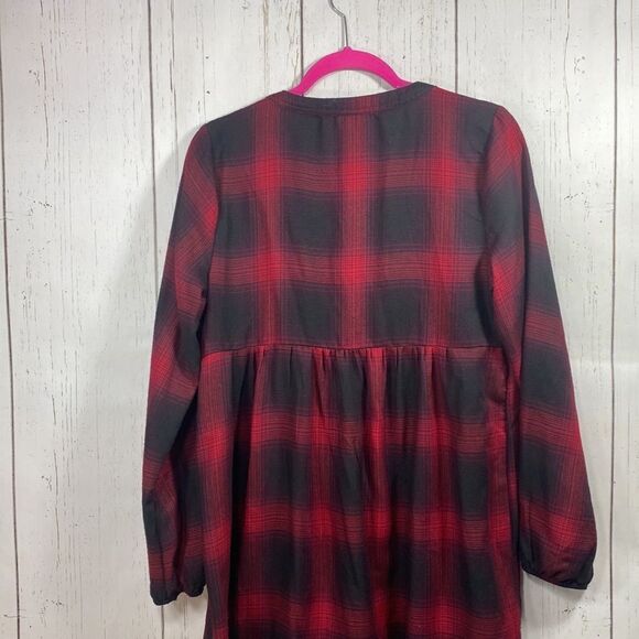 Knox Rose Womens Plaid Long Sleeve Smocked Shift Button Front Red Midi Dress - Picture 14 of 15